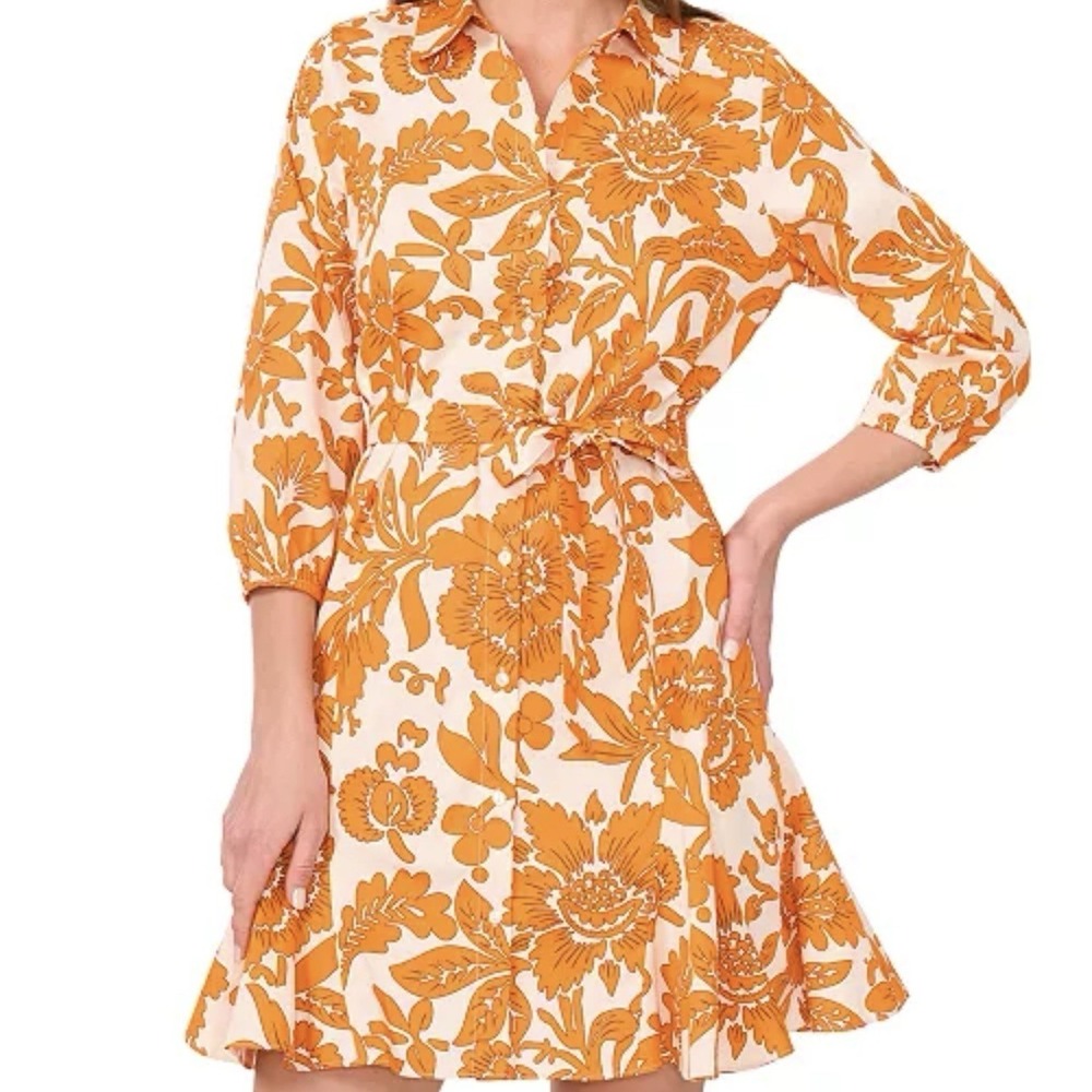 CYNTHIA STEFFE Fit & Flare A-Line Floral Belted Poplin Dress Button Up Sz L